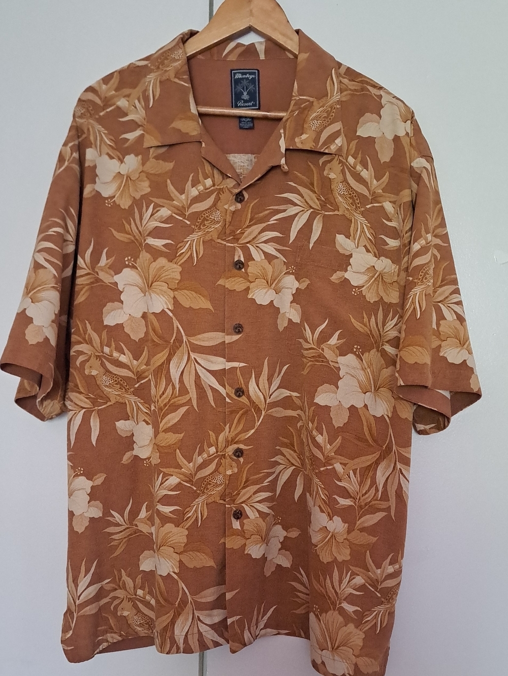 Montegro Resort Relaxed Brown Floral Camp Shirt with Tropical Print 100% Silk
